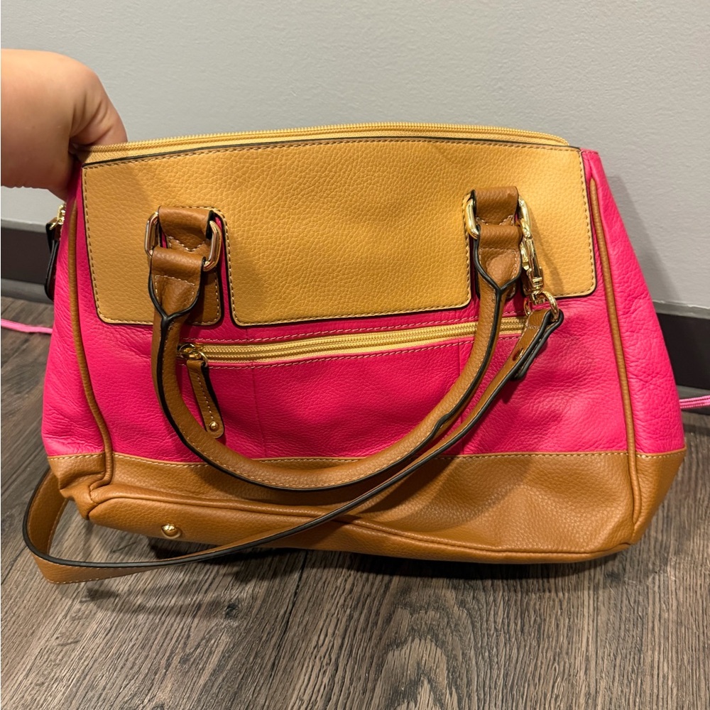 Tignanello Pink and Tan Colorblock Satchel with Gold Hardware - Picture 5 of 14